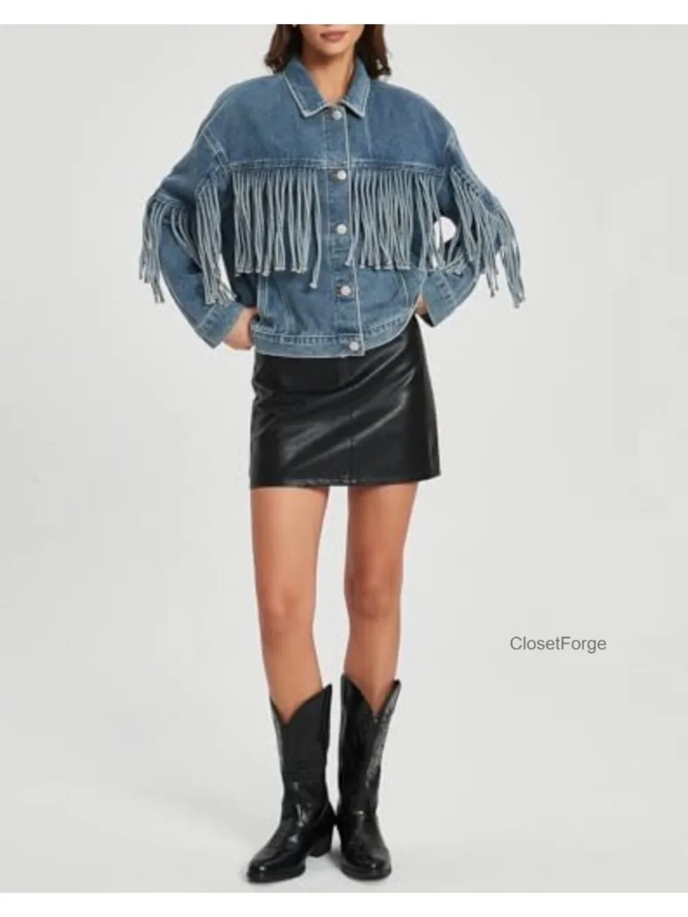 Oversized Fringed Denim Jacket Tassel Long Sleeve Western Country Concert Outfit